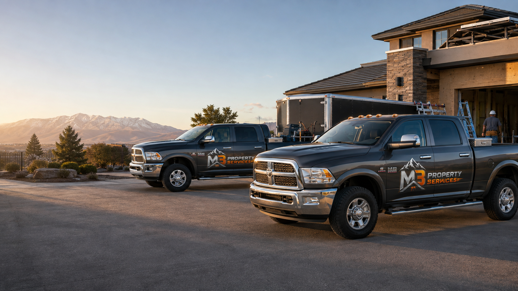 M3 Property Services Ram 2500 work trucks at a Northern Nevada project