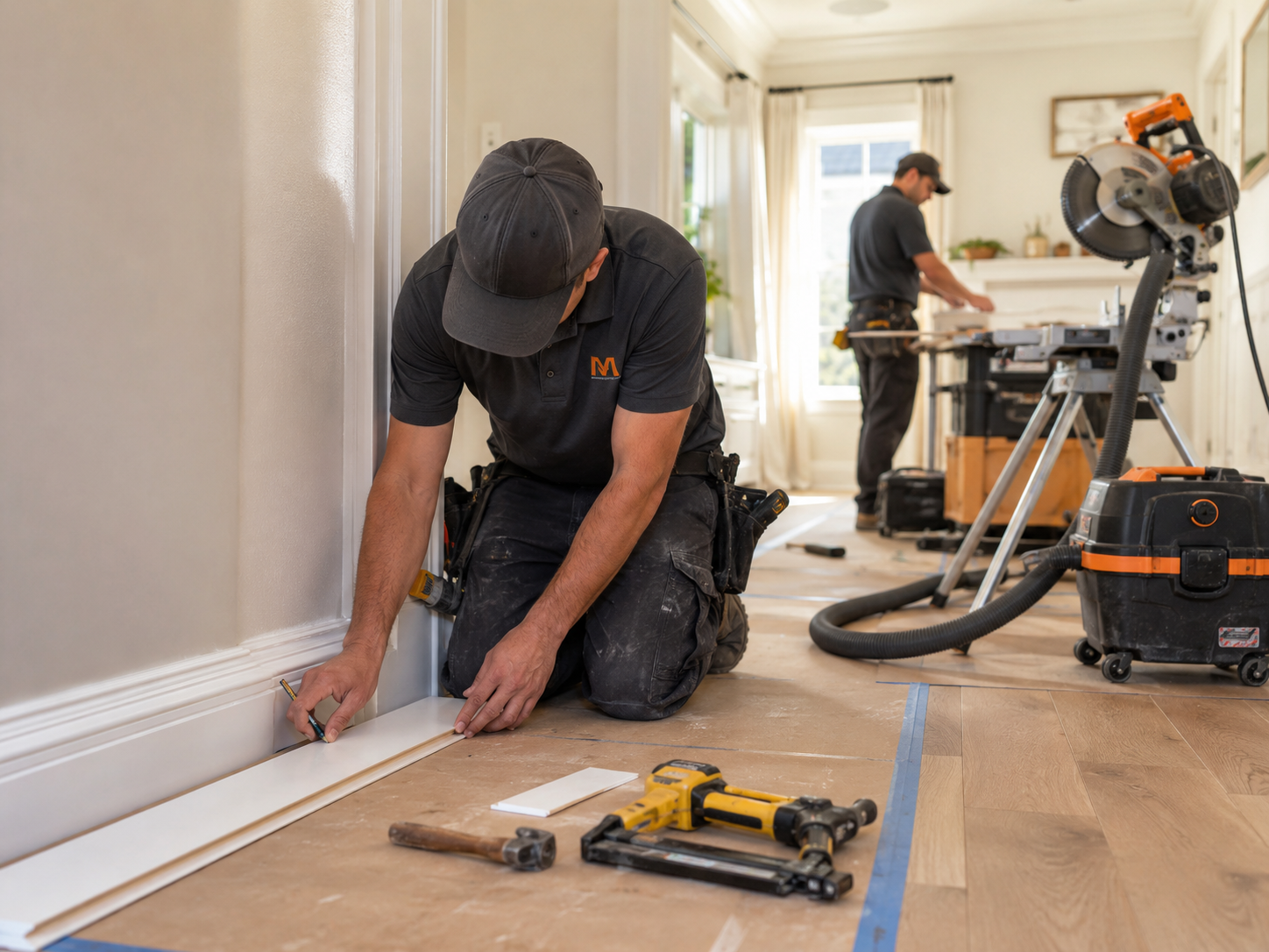 M3 crew completing interior trim and baseboard work