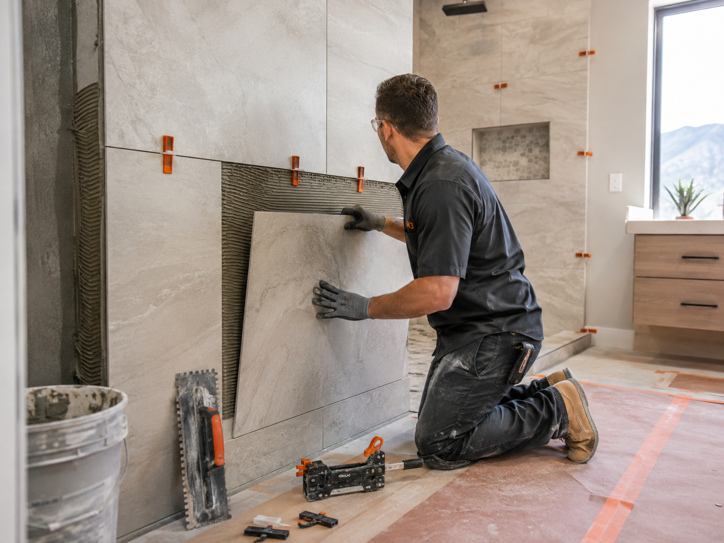 M3 installer working on a large-format tile shower remodel